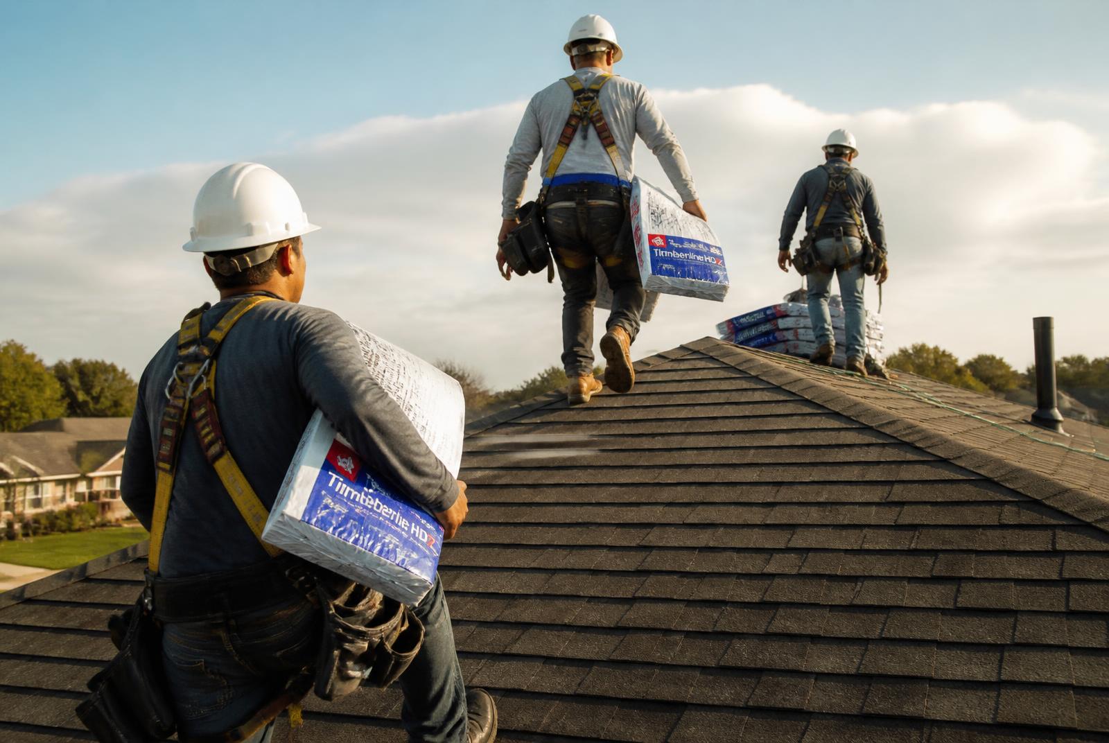 Delfi Roofing crew carrying shingle bundles on a residential roof